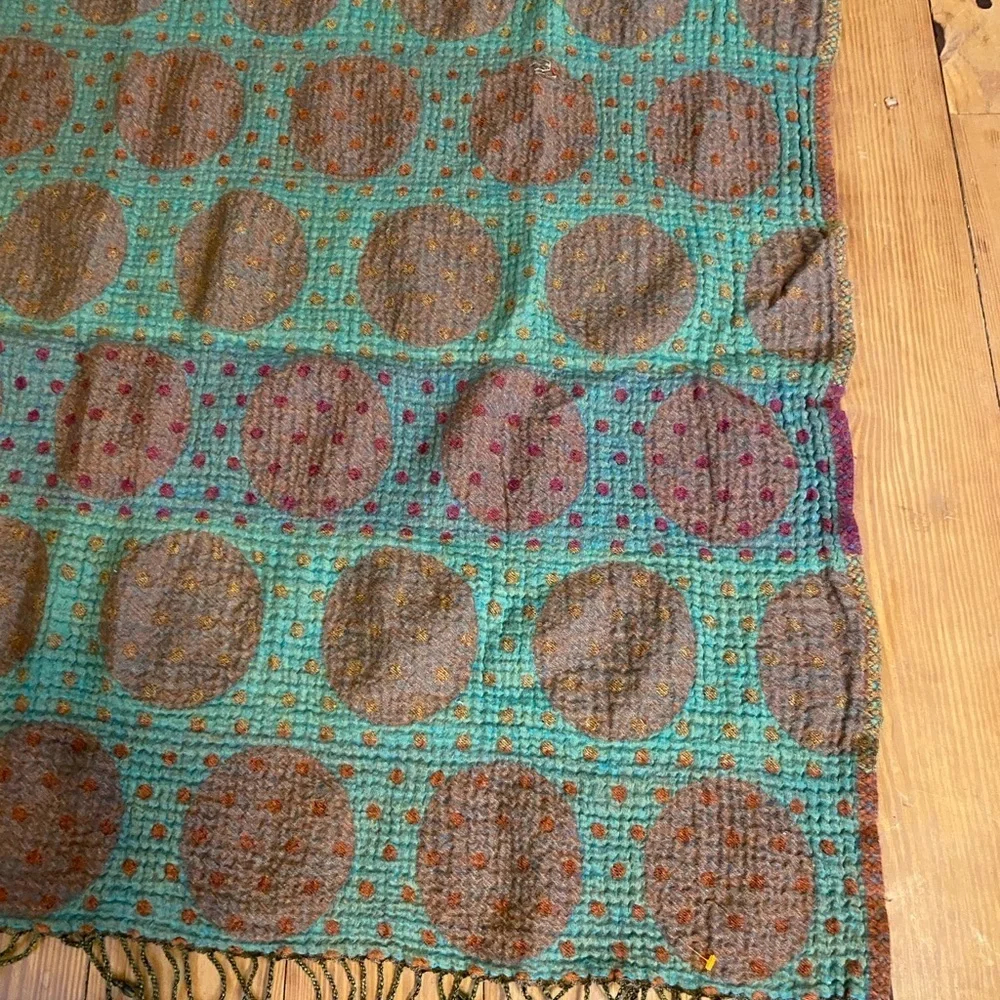 Large Reversible Wool Throw Blanket Multicolor Textured Fringe